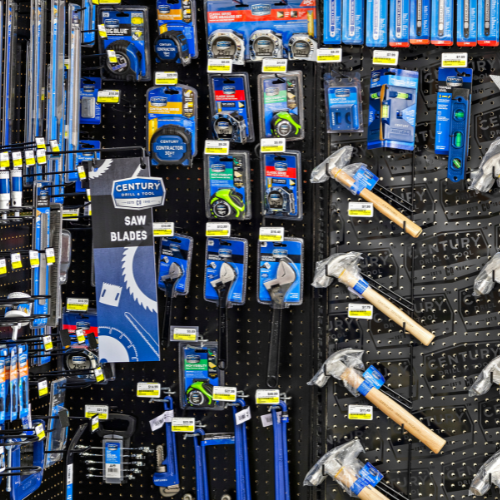 A closer look at our Century Drill & Tool saw blades, hammers, wrenches, and tape measures.