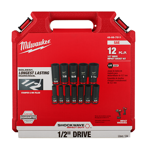 Milwaukee 12PCSHOCKWAVE Impact Duty™ 1/2 Drive SAE Deep 6 Point Socket Set