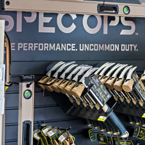 Our selection of Spec Ops hammers hanging on a wall in our tool department.