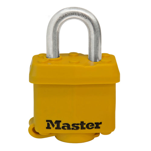 Master Lock Laminated Padlock 1-9/16in (40mm) Wide Covered Stainless Steel Pin Tumbler Padlock; Yellow (1-9/16)