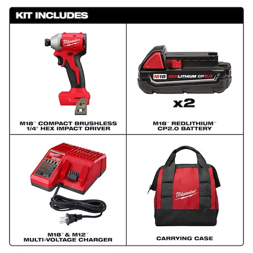 Milwaukee M18™ Compact Brushless 1/4 Hex Impact Driver Kit (1 Kit)